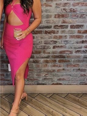 Lulu's Hot Pink Ribbed Cutout Midi Dress